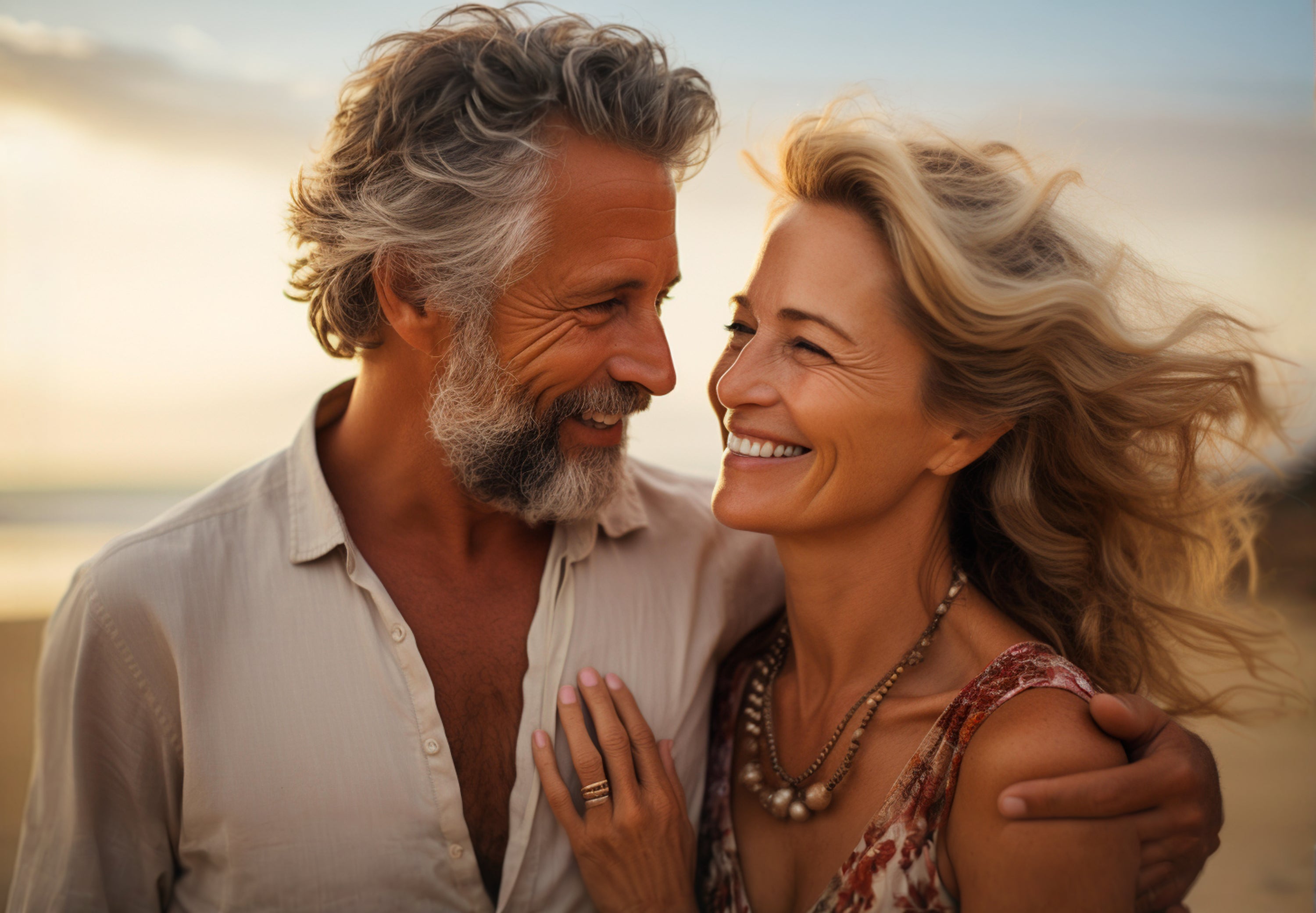 Lachendes Paar mittleren Alters am Strand – Sinnbild für Lebensfreude, natürliche Gesundheit und ganzheitliches Wohlbefinden